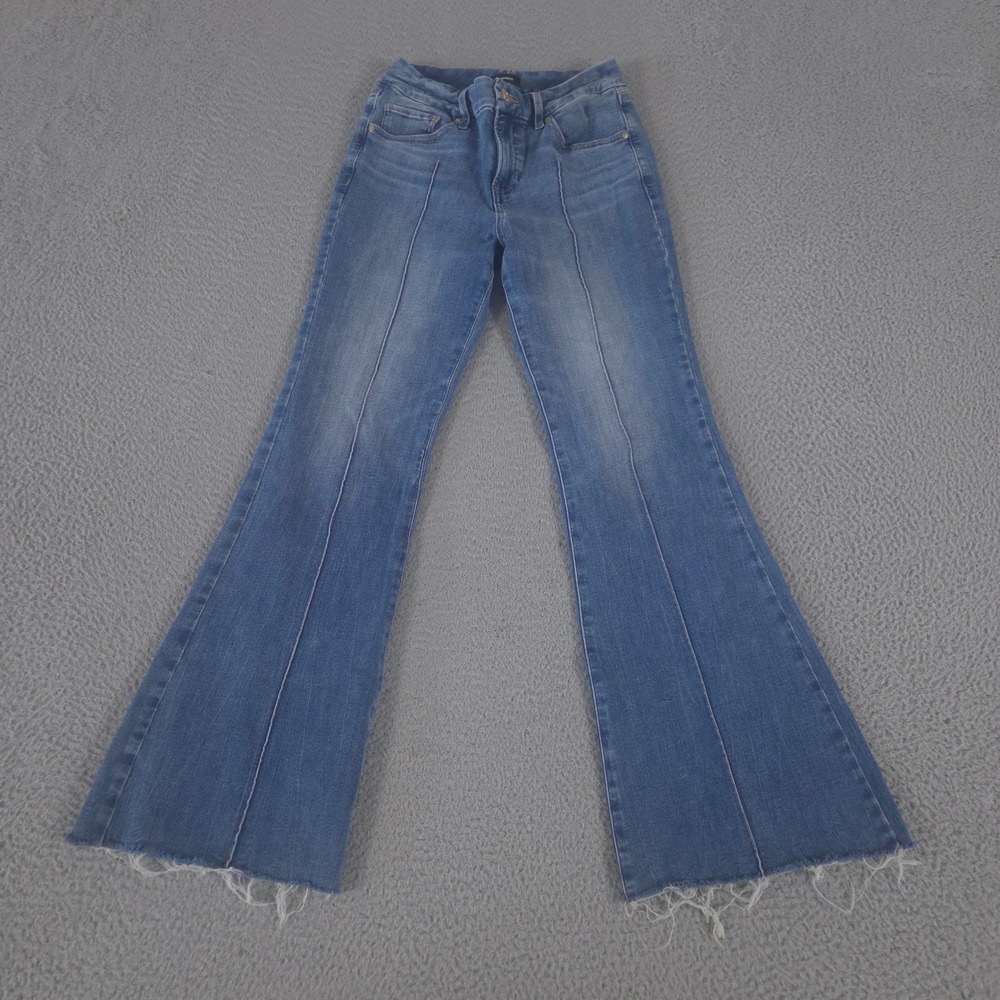Express Jeans Womens S Short 70s Flare Front Seam Ultra Hyper Stretch Raw Hem